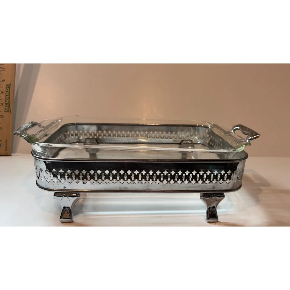 Vintage Anchor Hocking Fire-King Glass Casserole Dish with Footed Metal Cradle